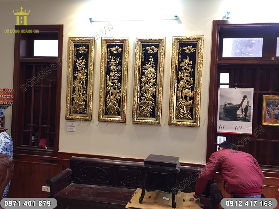tranh đồng tứ qu&yacute; mạ v&agrave;ng